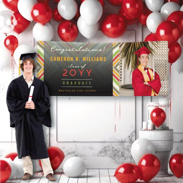 Colourful Diagonal Stripes Trendy Photo Graduation Banner (Trendy Colorful Diagonal Stripes Modern One Photo Graduation Banner @ zazzle.com/color_therapy)
