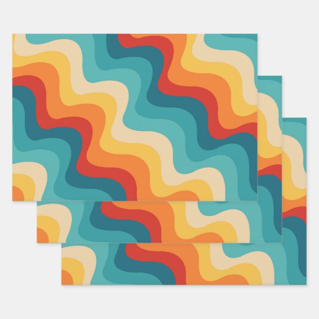 Colourful diagonal waves in retro style  wrapping paper sheet (Set)