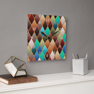 Colourful Diamond Pattern Square Wall Clock