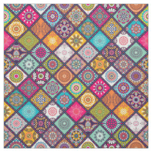 Colourful diamond tiled mandalas floral pattern fabric