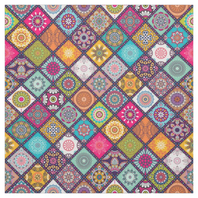 Colourful diamond tiled mandalas floral pattern fabric (Swatch)