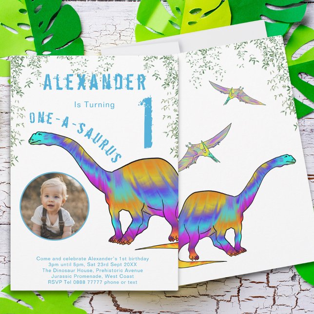 Colourful Dinosaur 1st Birthday Party Invitation (Colorful dinosaur one a saurus 1st birthday party invitation watercolor dinos and photo template )