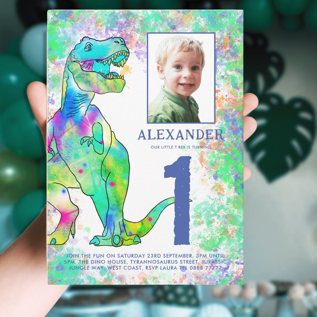 Colourful Dinosaur 1st Birthday Party Invitation Postcard (Colorful dinosaur 1st birthday party budget invitation with photo template and watercolor T-Rex dino)