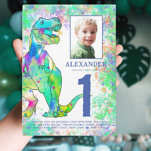 Colourful Dinosaur 1st Birthday Party Photo Invitation