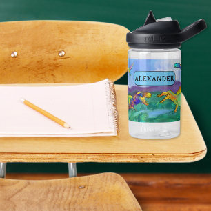 Colourful Dinosaur add Name School Water Bottle