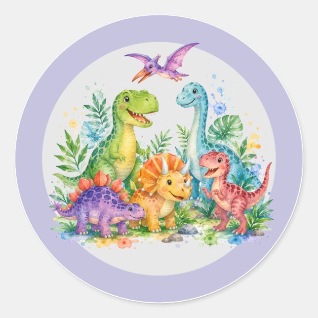 Colourful Dinosaur Birthday Bash Classic Round Sticker (Front)