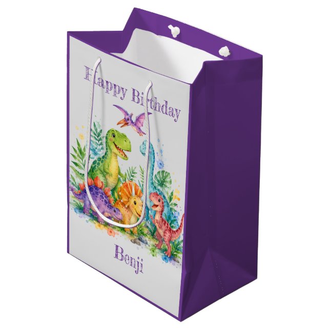 Colourful Dinosaur Birthday Bash Medium Gift Bag (Front Angled)