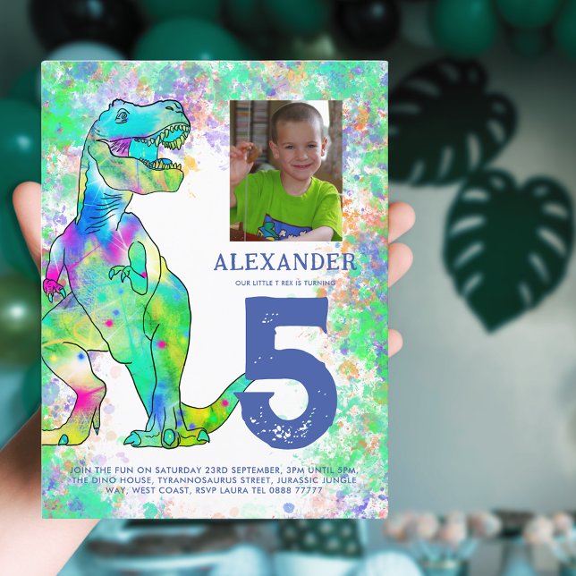 Colourful Dinosaur Birthday Party Budget Invitation Postcard (Colorful dinosaur birthday party budget invitation postcard with photo template watercolor T-Rex )
