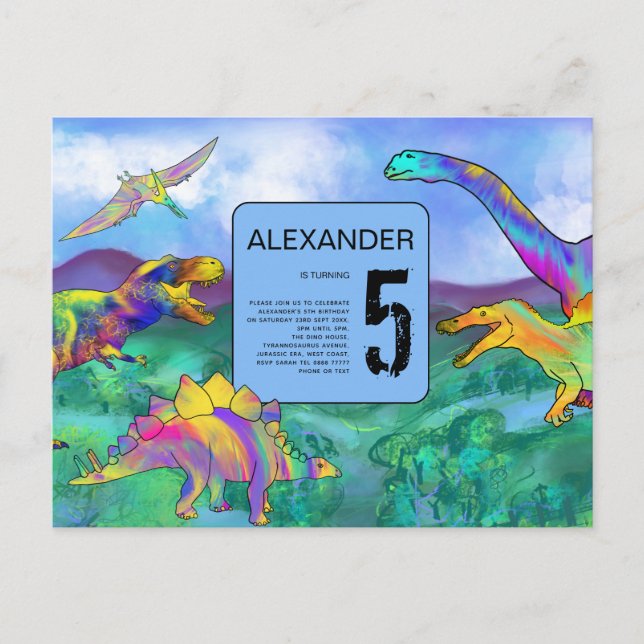 colourful dinosaur birthday party invitation postcard (Front)