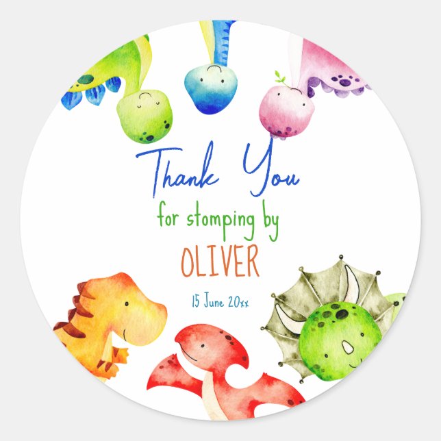 Colourful dinosaur birthday party personalised classic round sticker (Front)
