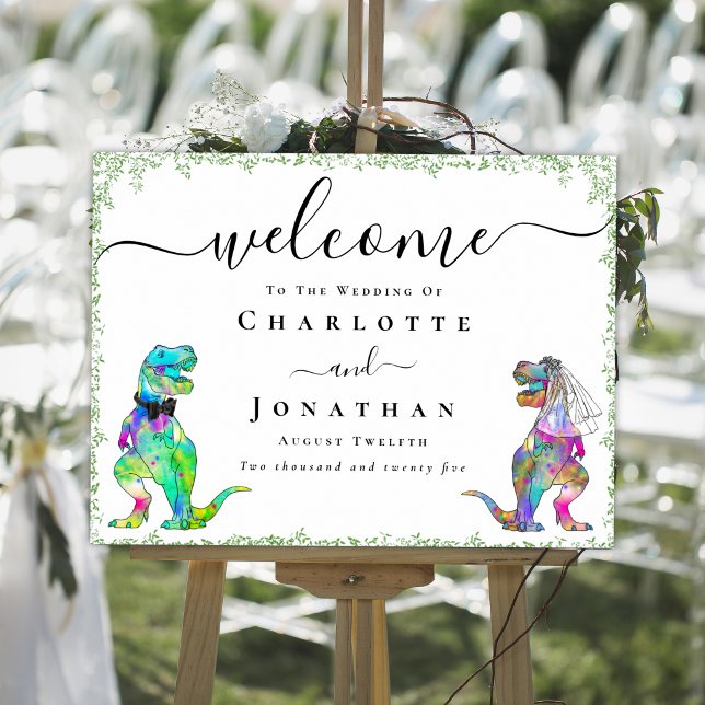 Colourful Dinosaur Bride & groom Wedding Welcome Poster (Dinosaur bride and groom custom wedding welcome sign poster Watercolor greenery & colorful T-Rex )