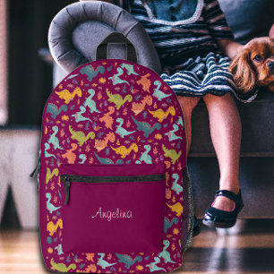 Colourful dinosaur cartoon cute pattern red name printed backpack