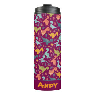Colourful dinosaur cartoon red pattern name thermal tumbler
