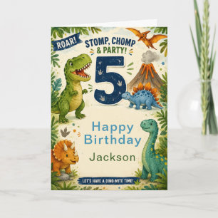 Colourful Dinosaur Fifth Birthday Card
