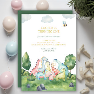 Colourful Dinosaur First Birthday Party Invitation