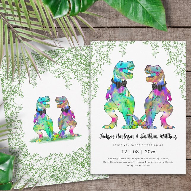 Colourful Dinosaur Gay Wedding T-Rex Two Grooms Invitation (Colorful dinosaur gay wedding T-Rex two grooms dino wedding invitation watercolor eucalyptus foliage)