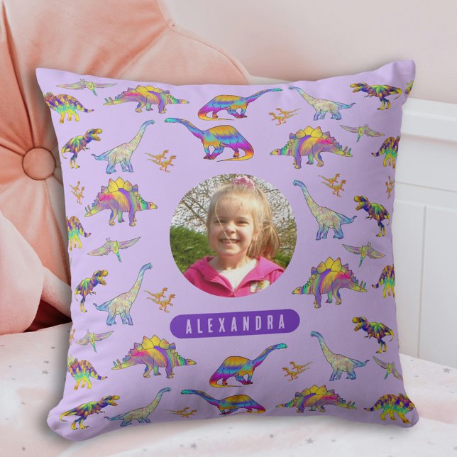 Colourful Dinosaur Girl Personalised Photo and Nam Cushion (Colorful dinosaur pattern girl personalized name and photo purple pillow Dino home decor for girls)