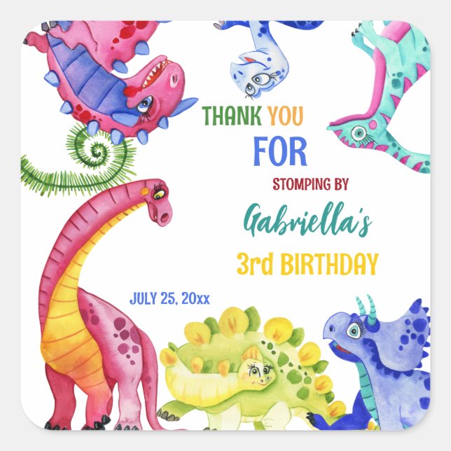 Colourful dinosaur kids birthday party personalise square sticker (Front)