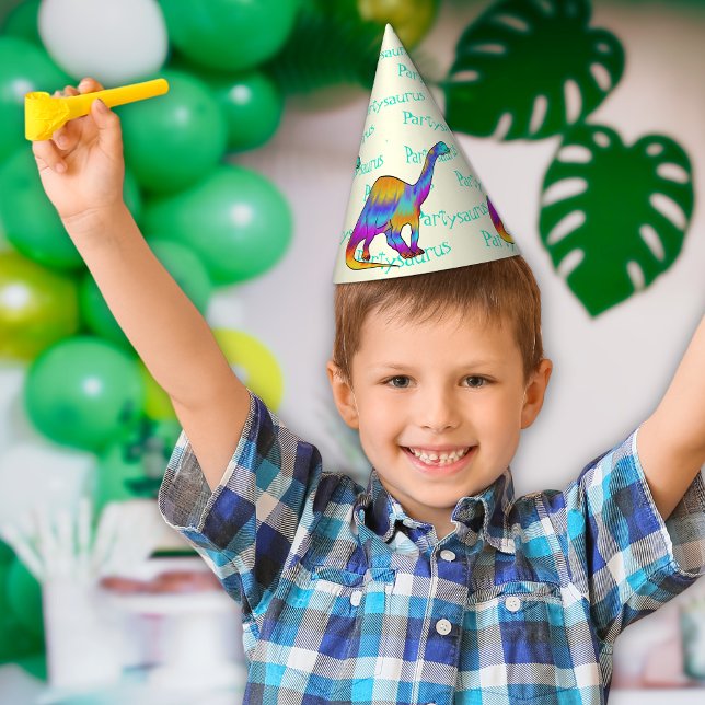 Colourful Dinosaur Partysaurus Birthday Party Hat (Colorful dinosaur brontosaurus partysaurus fun dino birthday party paper hat)