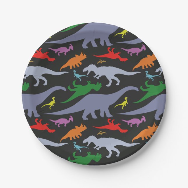 Colourful Dinosaur Pattern (Dark) Paper Plate (Front)