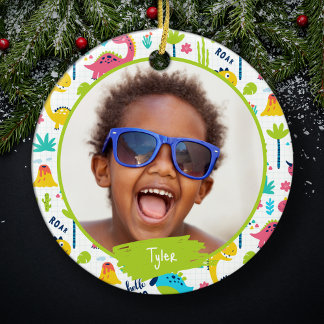 Colourful Dinosaur Pattern Kid Name Photo Christma Ceramic Ornament