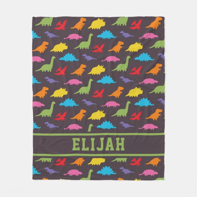 Colourful Dinosaur Pattern, Kids Personalised Fleece Blanket (Front)