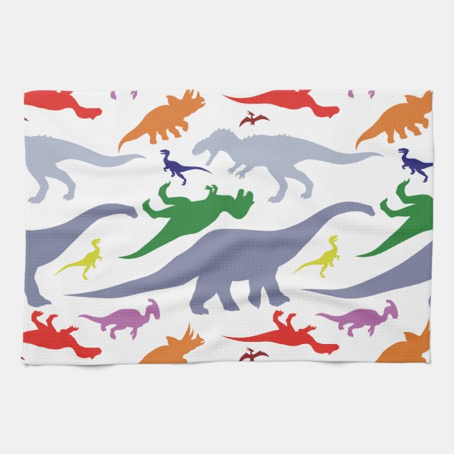 Colourful Dinosaur Pattern (Light) Tea Towel (Horizontal)
