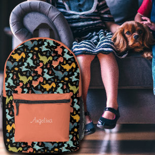 Colourful dinosaur pattern orange black name printed backpack