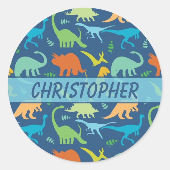 Colourful Dinosaur Pattern to Personalise Classic Round Sticker (Front)