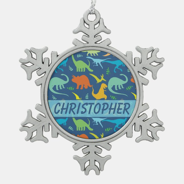 Colourful Dinosaur Pattern to Personalise Snowflake Pewter Christmas Ornament (Front)