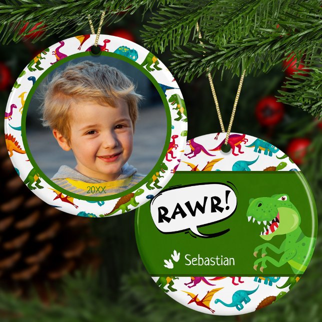 Colourful Dinosaur Pattern w Name + Photo Christma Ceramic Ornament (Creator Uploaded)