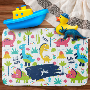 Colourful Dinosaur Pattern with Kids Name Bathroom Bath Mat