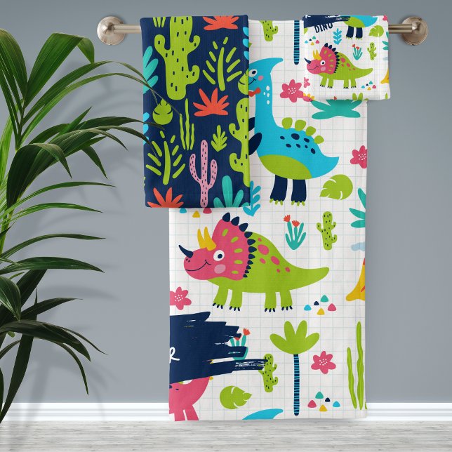 Colourful Dinosaur Pattern with Kids Name Bathroom Bath Towel Set (Creator Uploaded)