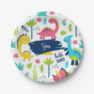 Colourful Dinosaur Pattern with Kids Name Birthday Paper Plate