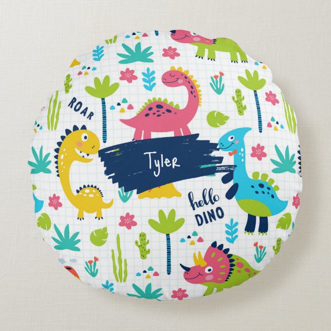 Colourful Dinosaur Pattern with Kids Name Round Cushion (Front)