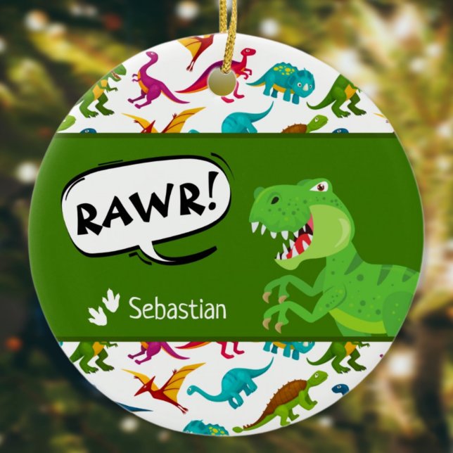 Colourful Dinosaur Pattern with Name T-Rex Christm Ceramic Ornament (Creator Uploaded)
