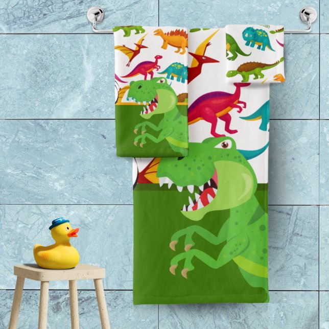 Colourful Dinosaur Pattern with Name T-Rex Green Bath Towel Set (Creator Uploaded)