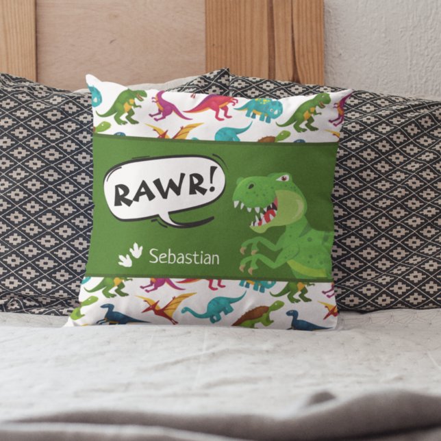 Colourful Dinosaur Pattern with Name T-Rex Green Cushion (Creator Uploaded)