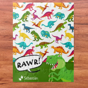 Colourful Dinosaur Pattern with Name T-Rex Green Jigsaw Puzzle