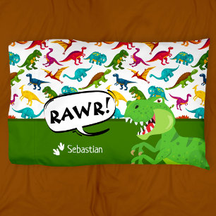 Colourful Dinosaur Pattern with Name T-Rex Green P Pillowcase