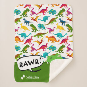 Colourful Dinosaur Pattern with Name T-Rex Green Sherpa Blanket