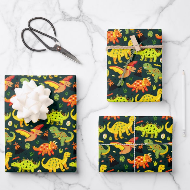 Colourful Dinosaur Pattern Wrapping Paper Sheet (Front)