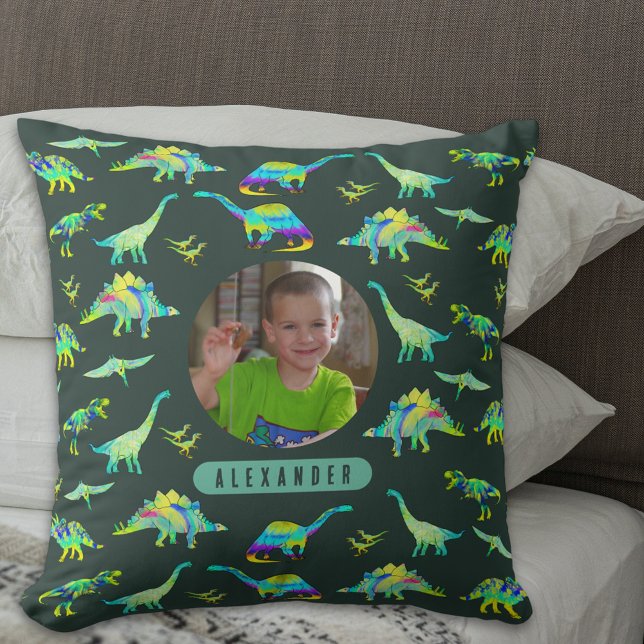 Colourful Dinosaur Personalised Boys Photo and Nam Cushion (Dinosaur pattern personalized name and photo boys colorful dinos and dark green pillow T-Rex )