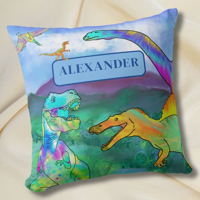 Colourful Dinosaur Personalised Kids Name Cushion (Colorful dinosaur personalized name kids pillow Fun dino bedroom home decor)