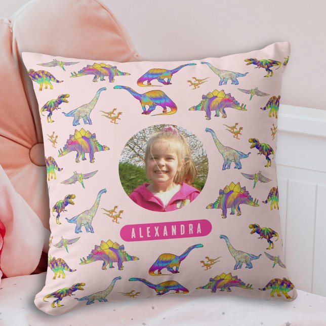 Colourful Dinosaur Personalised Photo and Name Pin Cushion (Colorful dinosaur pattern personalized name and photo girls pink pillow)