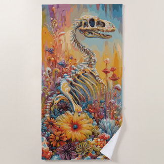 Colourful Dinosaur Skeleton Floral Fantasy Design Beach Towel