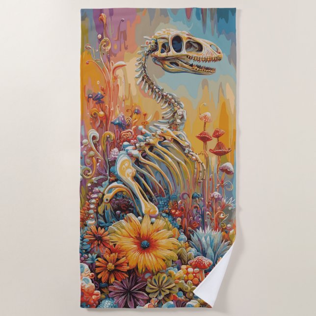 Colourful Dinosaur Skeleton Floral Fantasy Design Beach Towel (Front)