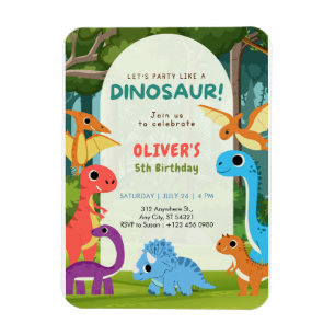 Colourful Dinosaur T-rex 5th Birthday Invitation   Magnet