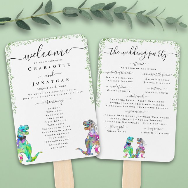 Colourful Dinosaur Theme Wedding Ceremony Program Hand Fan (Colorful T-Rex bride and groom funny dinosaur wedding ceremony program fan Watercolor foliage)