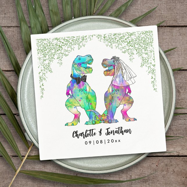 Colourful Dinosaur theme Wedding Custom Napkin (Colorful dinosaur themed wedding funny T-Rex bride and groom Jurassic jungle foliage custom napkin)